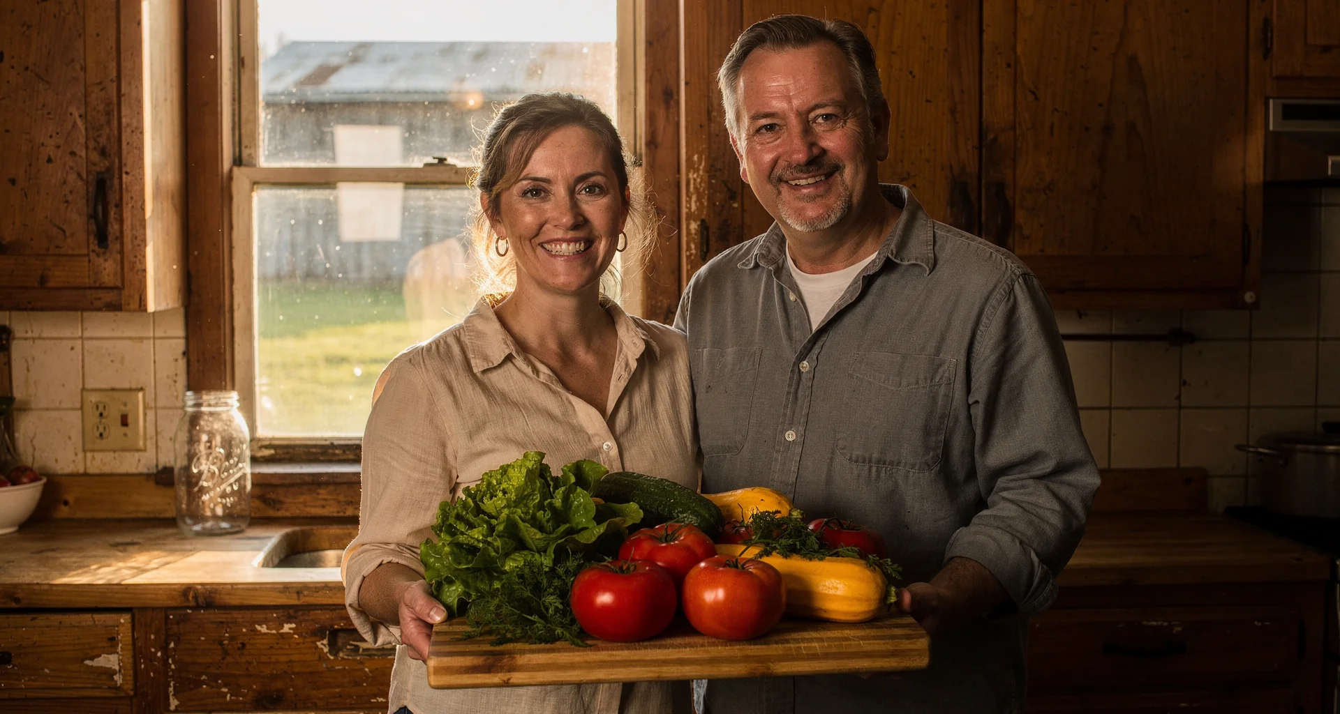 Amy Sue and Donnie Lee smiling warmly on their Missouri farm