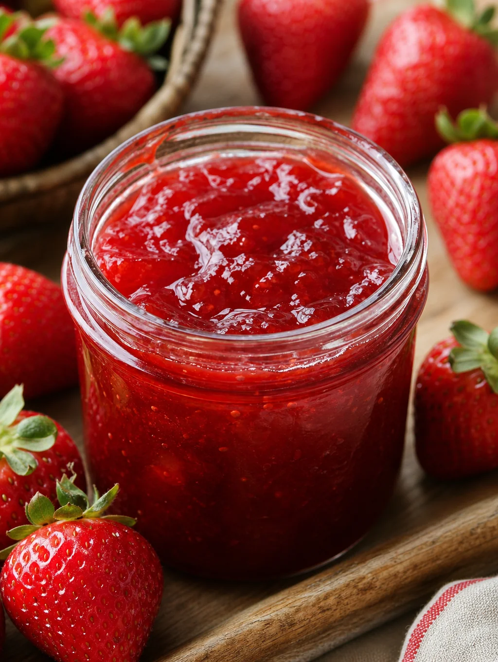 Canning jar of homemade jam with pink gingham fabric