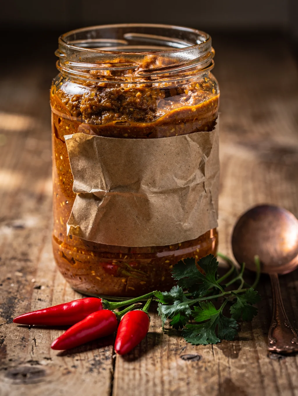 Glass jar of homemade country salsa on a wooden kitchen counter