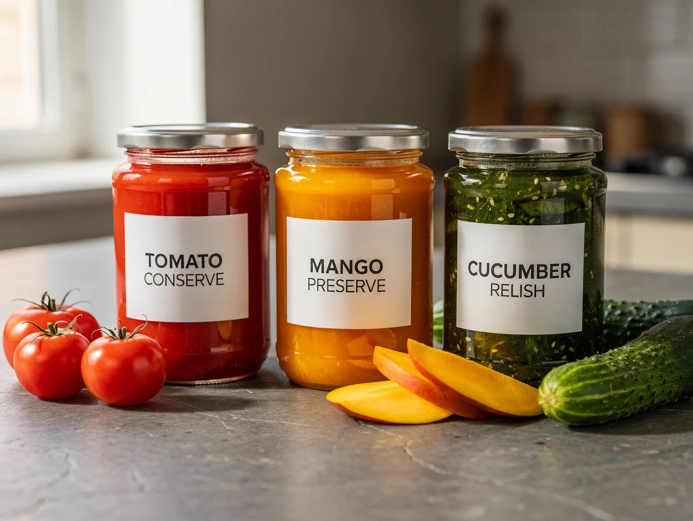 Mason jars of homemade tomato salsa on wooden table