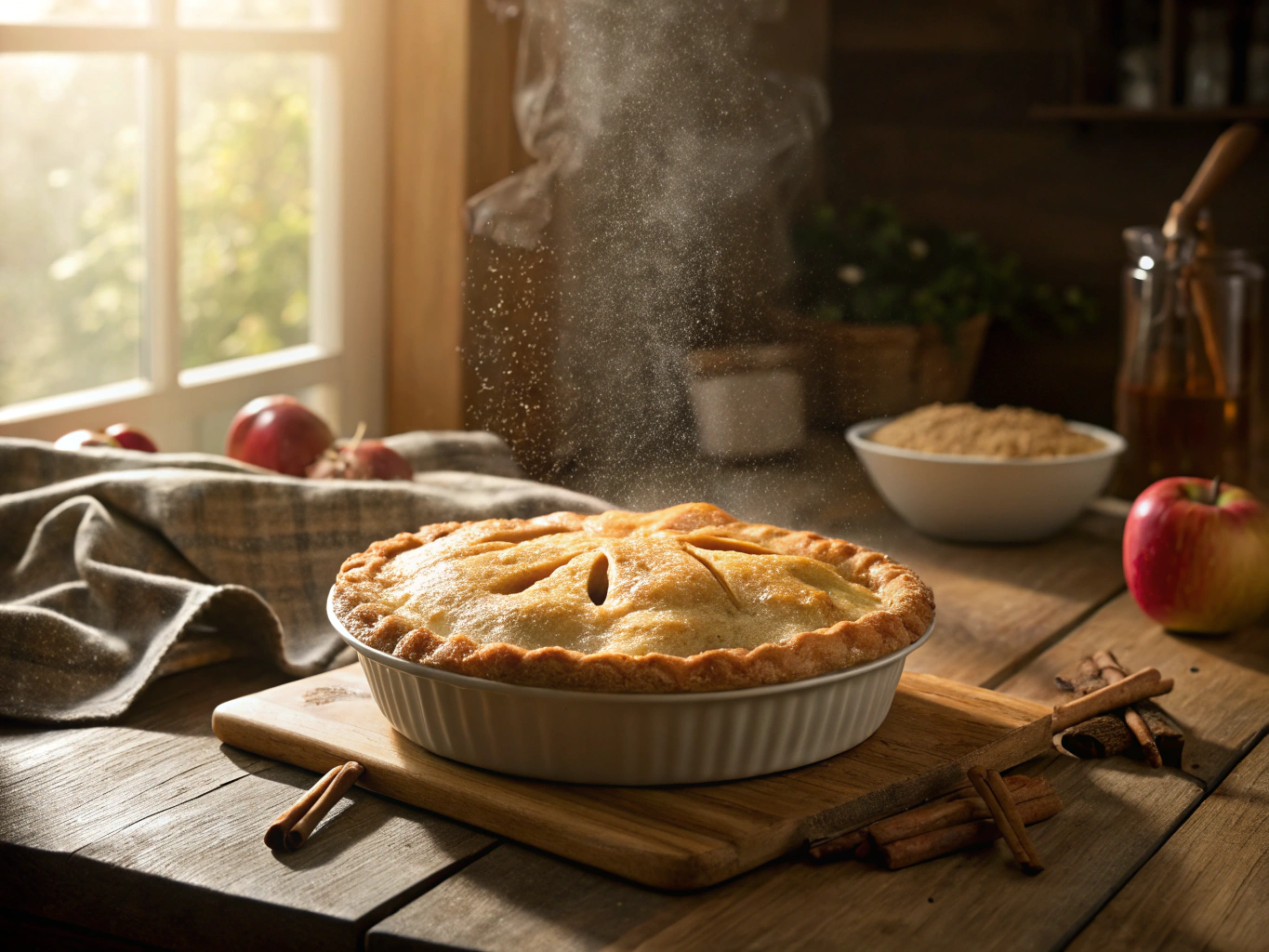 Homemade baked pie and canning jars in a country farmhouse kitchen
