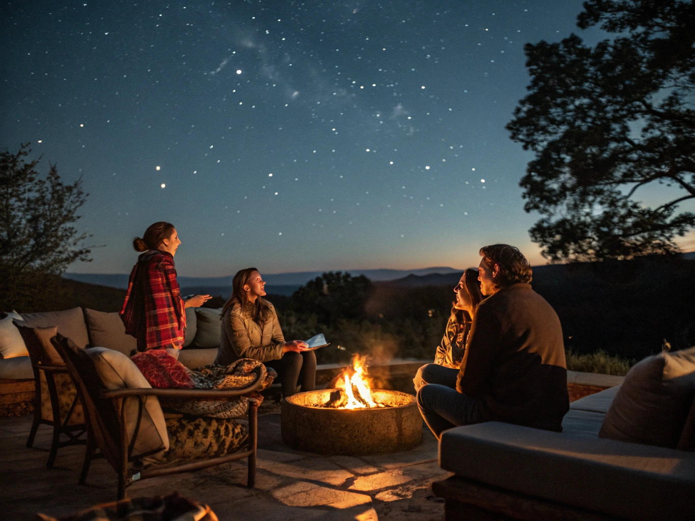 Evening barn bonfire party with string lights