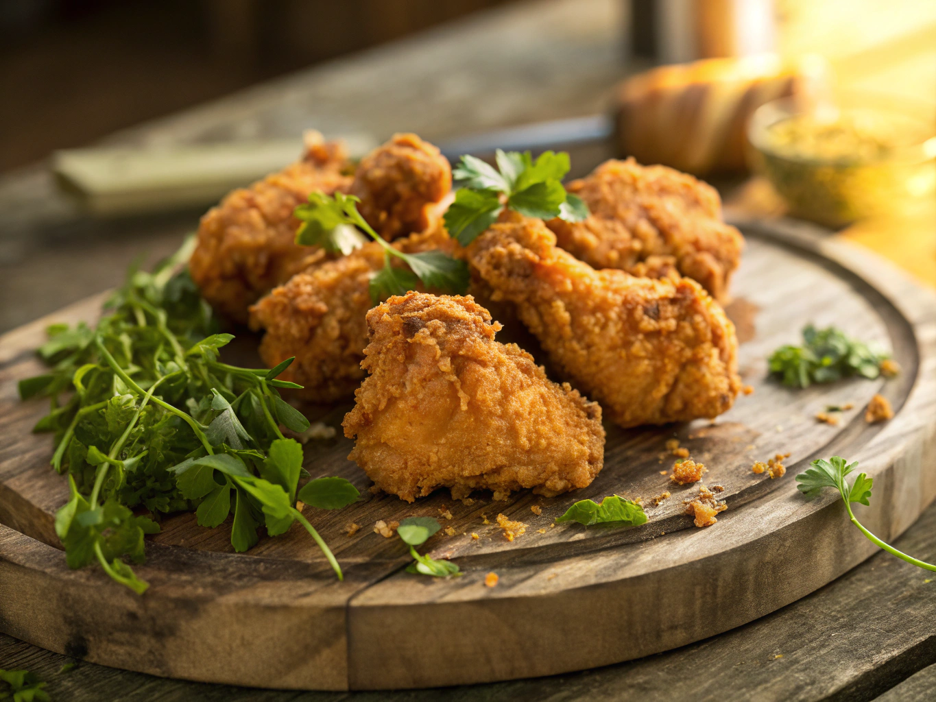 Skillet fried chicken on vintage platter