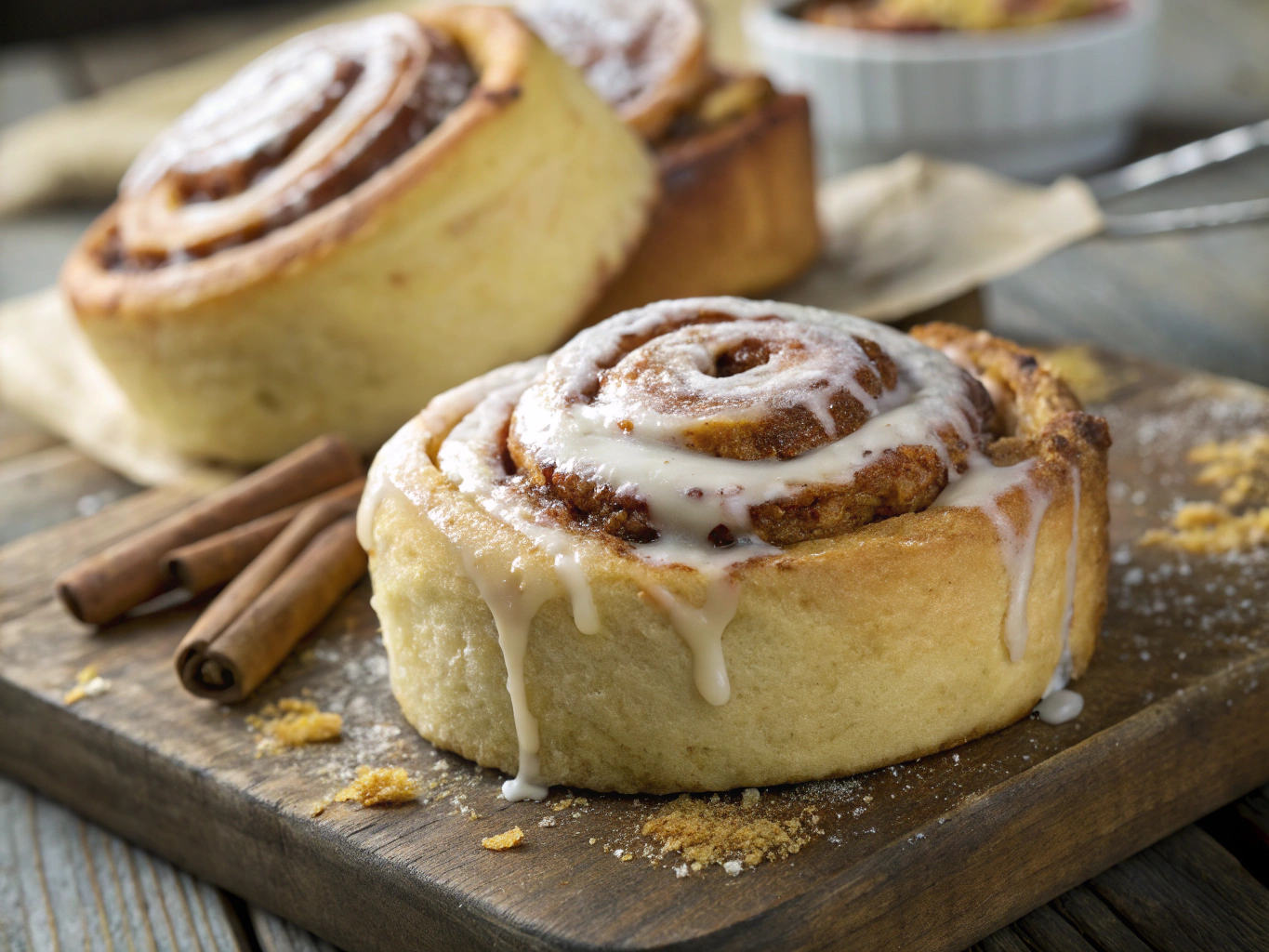 Warm iced cinnamon rolls in baking pan